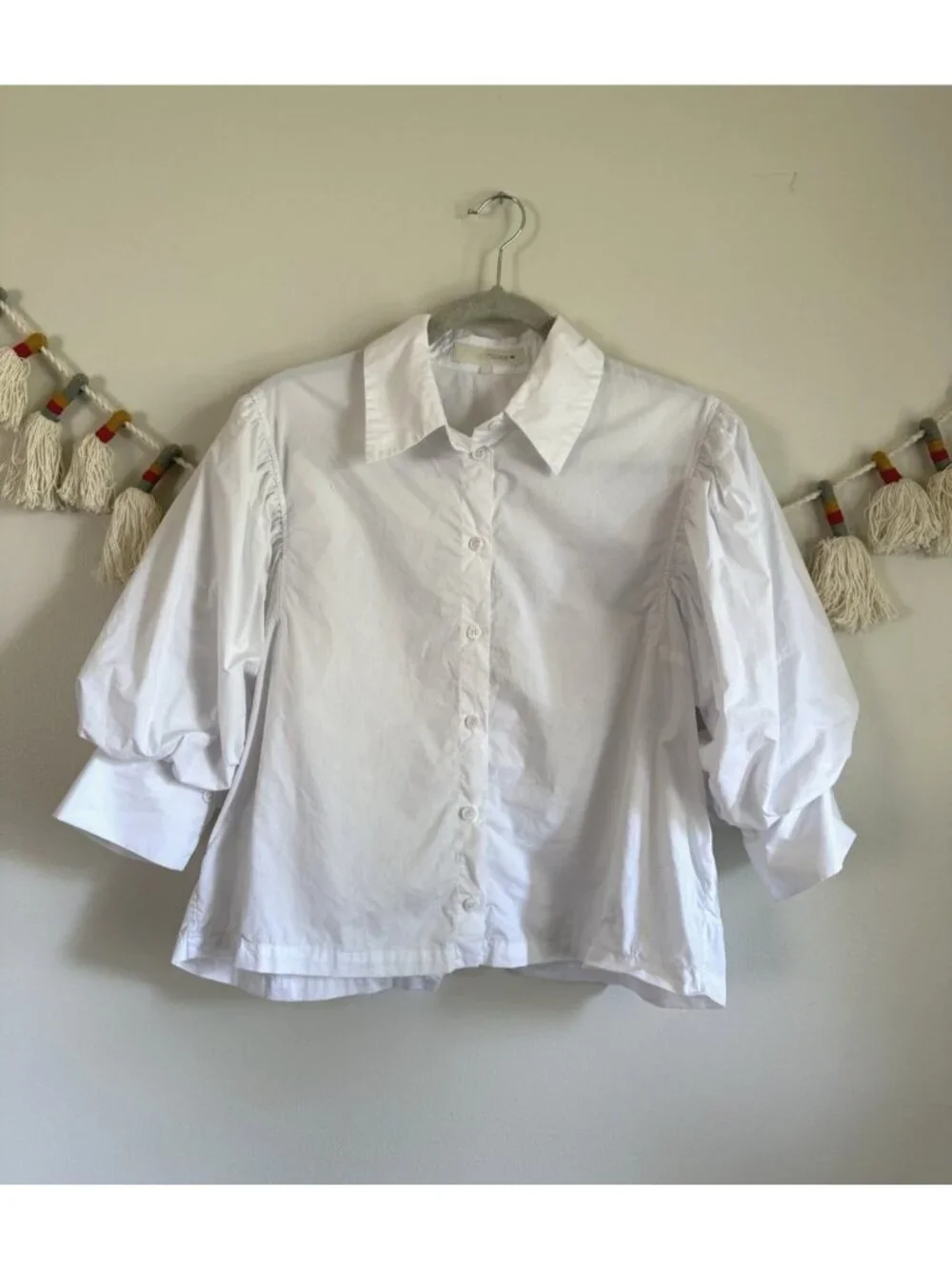 Zara White Puff Sleeve Button Down Collared Top Cotton Modest Preppy Minimalist